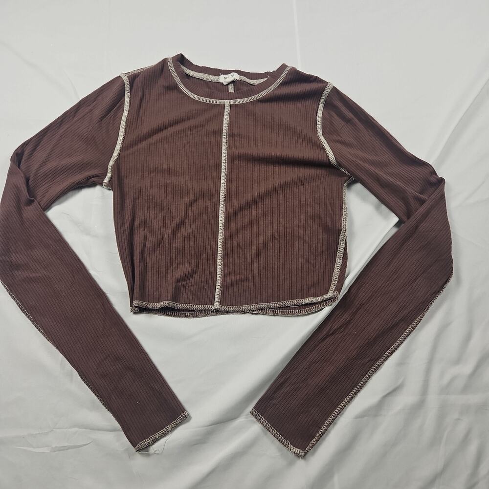 Women's Ribbed Long Sleeve Crop Top Brown Contrast Trim by Garage XS